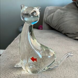 Glass  Cat Figurine with Red Fish Accent